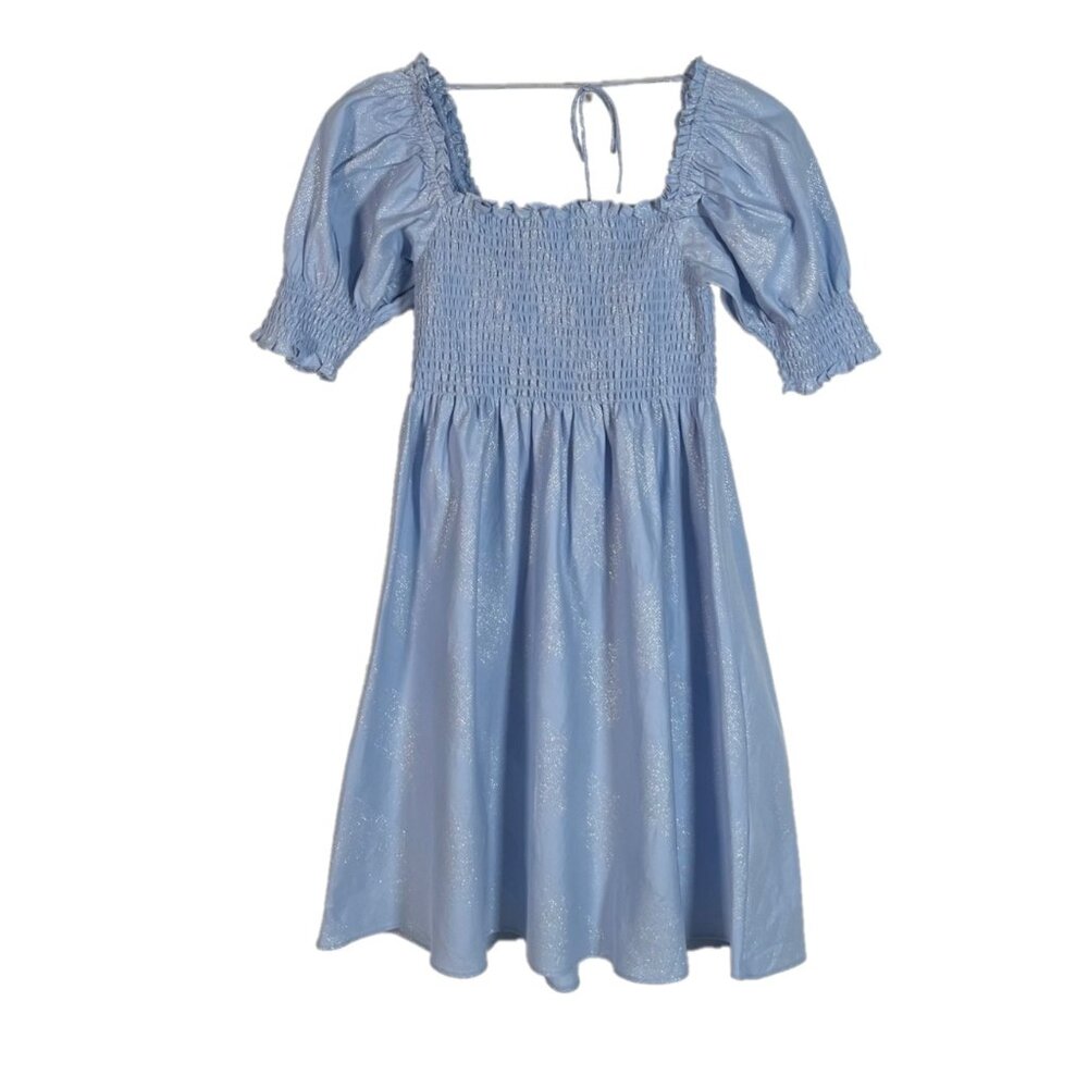 Hill House Athena Light Blue Glitter Check Smocked Mini Nap Dress XS